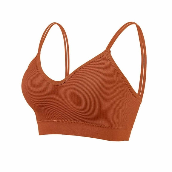 TMOYZQ Women's Seamless Sports Bras Ribbed Wireless Padded Yoga Bra Camisoles Low Impact V Neck Strappy Medium Support Bra Lightly Lined Bralettes Cami Crop Top for Workout Fitness