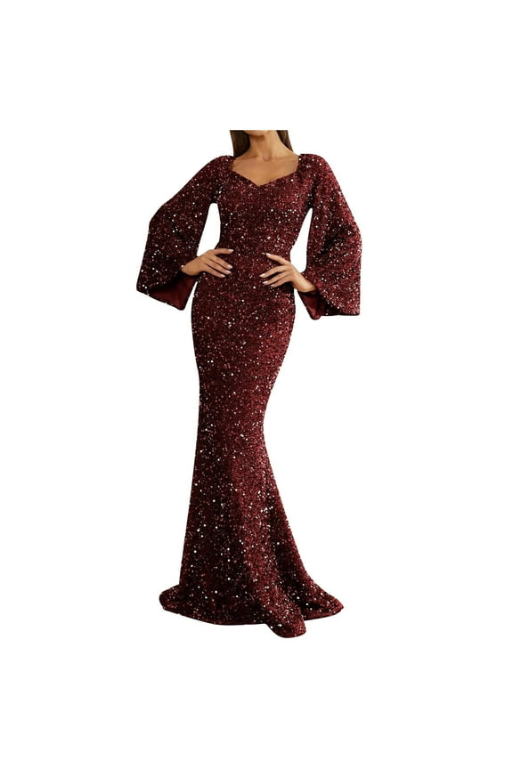 Women's Sequin Banquet Dress V Neck Bell Long Sleeve Bodycon Maxi Dress Formal Prom Dress Sparkly Glitter Elegant Mermaid Evening Party Gown Cocktail Dress