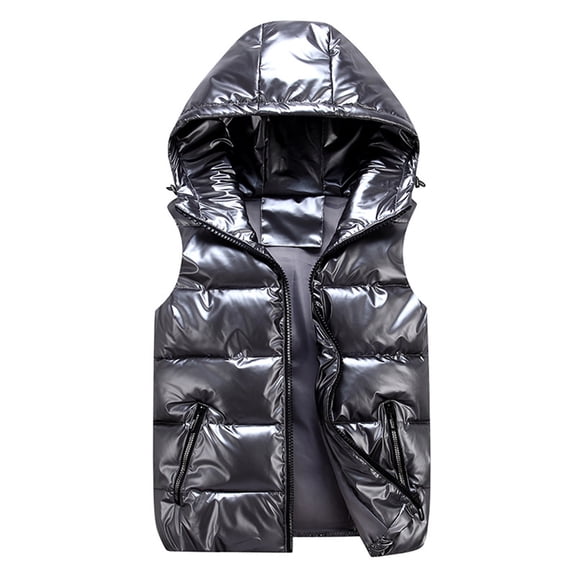 TMOYZQ Women's Shiny Hooded Quilted Puffer Vest Sleeveless Thicken Warm Winter Lightweight Outdoor Waterproof Waistcoat Down Vest Jacket Coats Outerwear with Zipper Pockets
