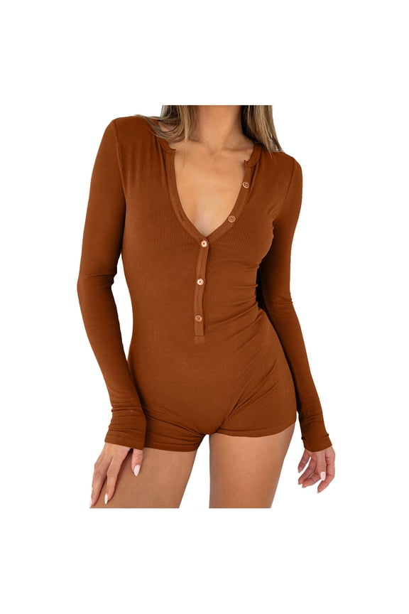 Women's Short Onesie Pajama, Ribbed Knitted Long Sleeve V-Neck Bodycon Shorts Rompers Button-down One Piece Jumpsuit Bodysuit Overalls
