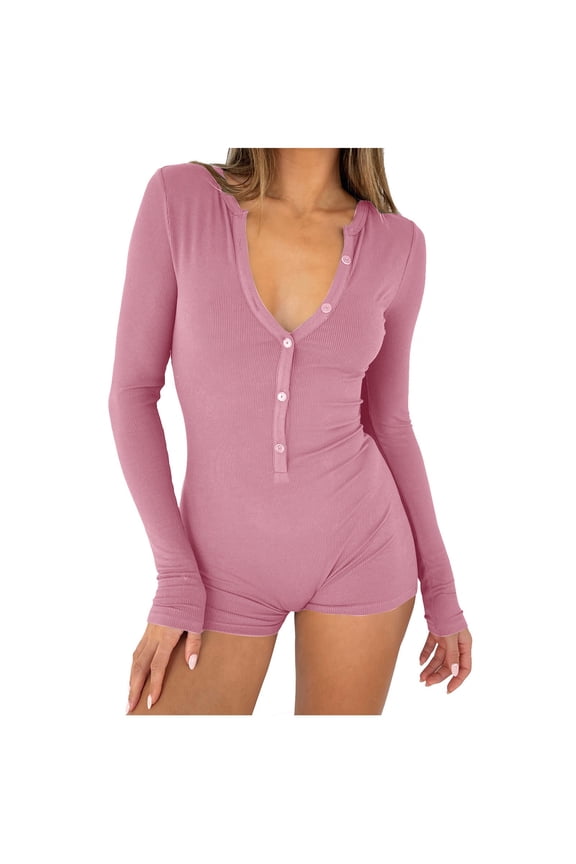 Women's Short Onesie Pajama, Ribbed Knitted Long Sleeve V-Neck Bodycon Shorts Rompers Button-down One Piece Jumpsuit Bodysuit Overalls