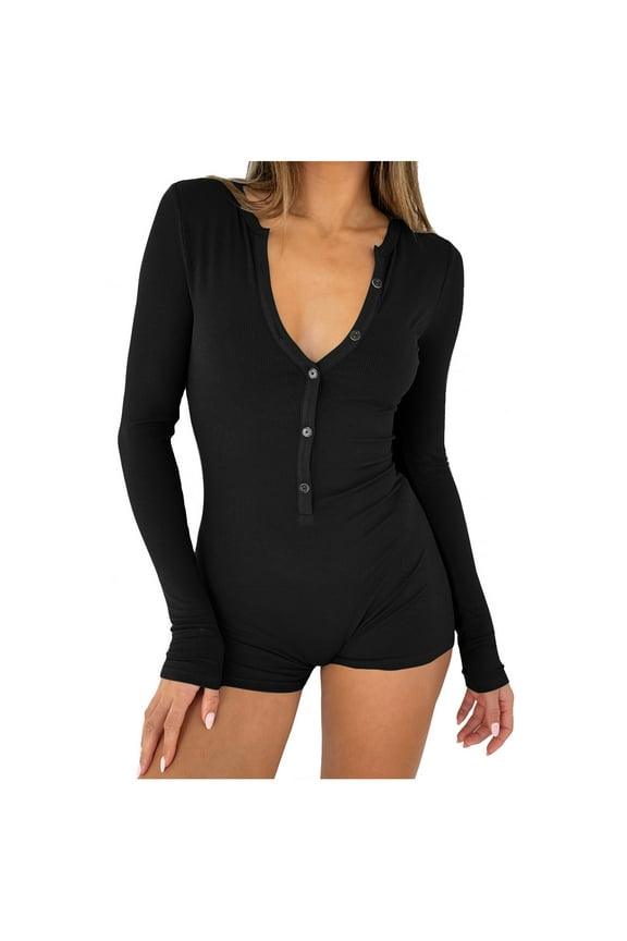 Women's Short Onesie Pajama, Ribbed Knitted Long Sleeve V-Neck Bodycon Shorts Rompers Button-down One Piece Jumpsuit Bodysuit Overalls