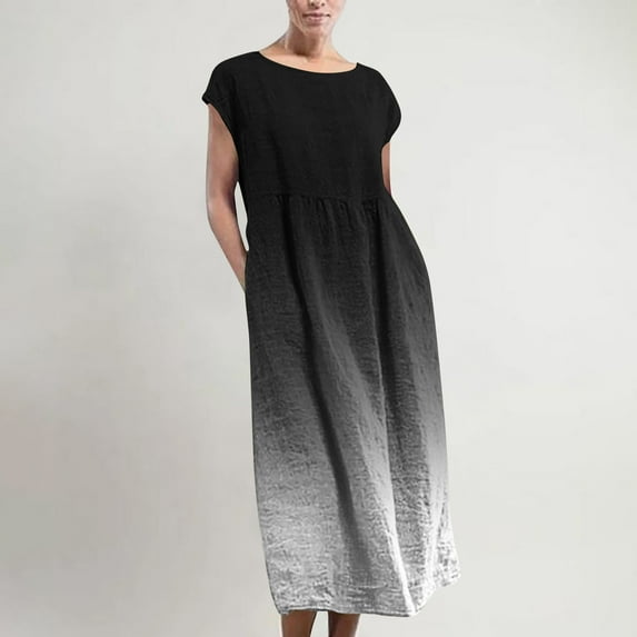 TMOYZQ Women's Short Sleeve Linen Maxi Dress Gradient Color Crew Neck Long T-Shirt Dress Summer Loose Casual Dress with Pocket