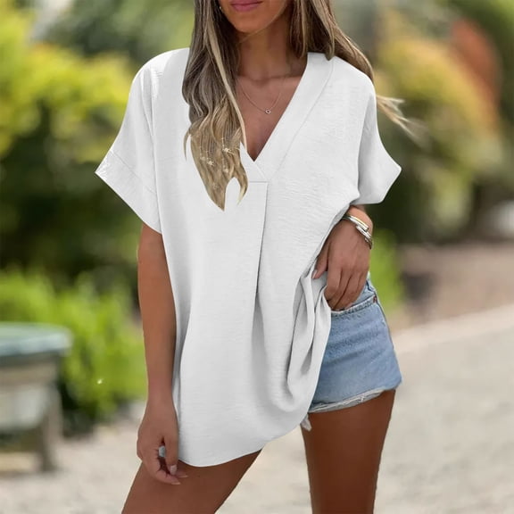 TMOYZQ Women's Short Sleeve Tops Oversized V Neck Tops Casual Summer Loose Lightweight T Shirts Ladies Basic Tees