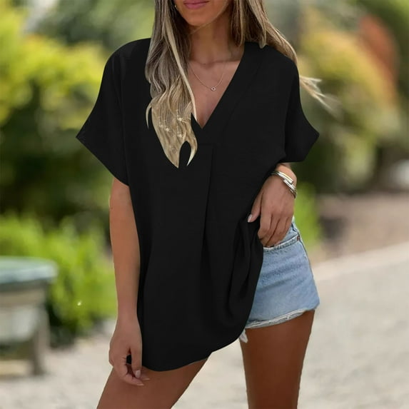 TMOYZQ Women's Short Sleeve Tops Oversized V Neck Tops Casual Summer Loose Lightweight T Shirts Ladies Basic Tees