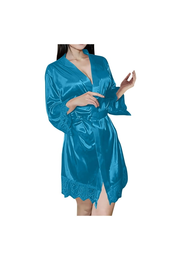 Women's Silky Satin Robes 3/4 Sleeve Lace Trim Kimono Bathrobe Bride Bridesmaids Wedding Party Getting Ready Dressing Gowns Sleepwear
