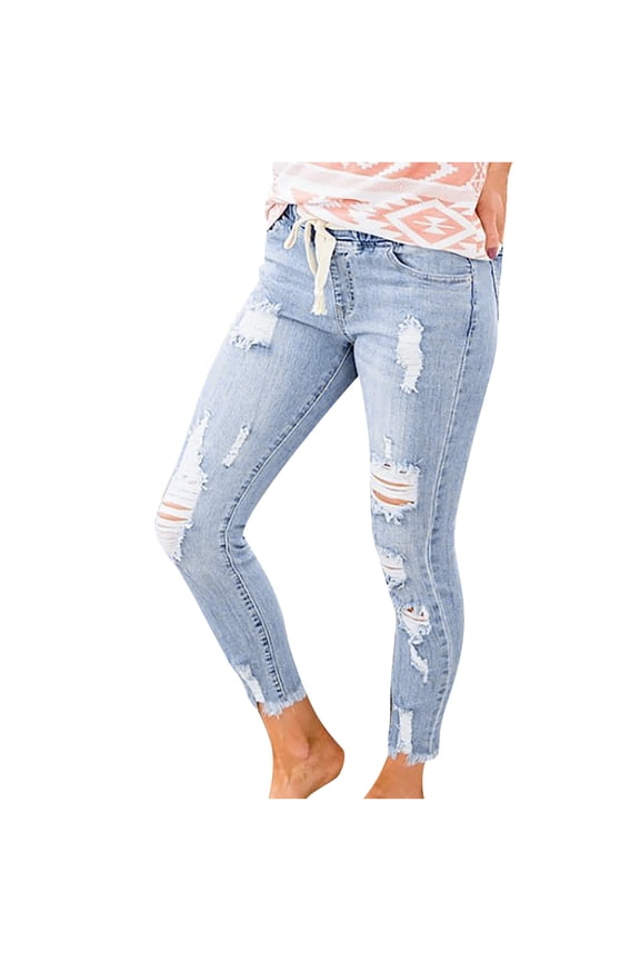 Women's Skinny Jeans Classic Ripped Distressed Destroyed Stretchy Denim Pants Elastic Waist Drawstring Slimming Jegging with Pockets