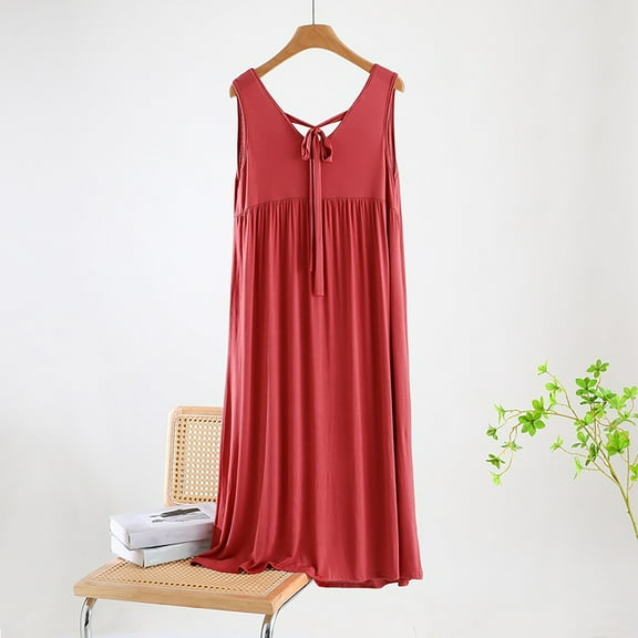 TMOYZQ Women's Sleeveless Nightgown Comfy Cotton V Neck Pleated Sleepshirt Sexy Tie Back Sleep Dress Loose Nightwear Loungewear on Clearance
