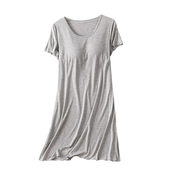 TMOYZQ Women's Solid Color Nightgown Short Sleeve Crewneck Comfy Sleepshirts Soft Pajamas Dress Sleep Dress Lounge Dress Sleepwear with Built in Shelf Bra