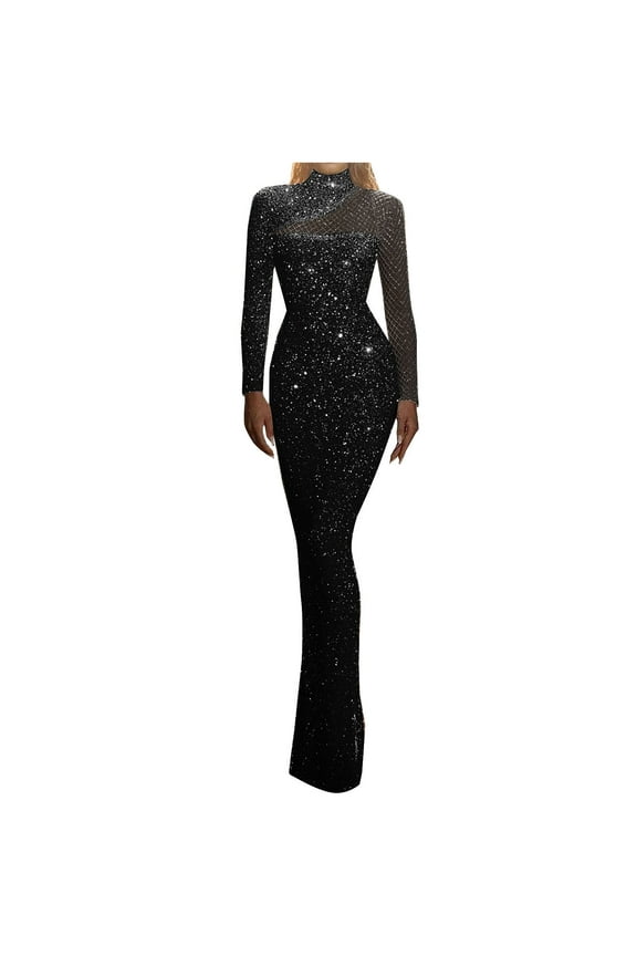 Women's Sparkly Glitter Sequin Formal Maxi Dress Long Sleeve Mock Neck Shinny Mermaid Evening Party Dress Prom Ball Gowns Wedding Guest Dress