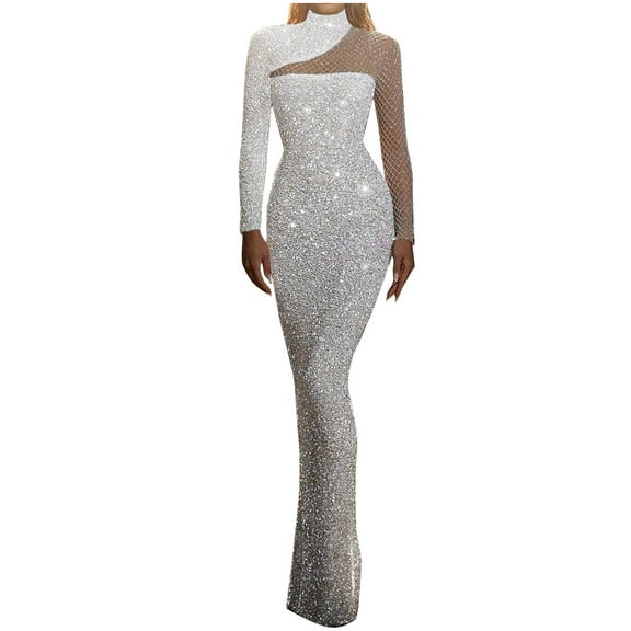 TMOYZQ Women's Sparkly Glitter Sequin Formal Maxi Dress Long Sleeve Mock Neck Shinny Mermaid Evening Party Dress Prom Ball Gowns Wedding Guest Dress