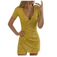 thumbnail image 1 of TMOYZQ Women's Sparkly Glitter Sequin Midi Dresses Short Sleeve Deep V Neck Wrap Hem Ruched Bodycon Pencil Dress Club Cocktail Party Dresses, 1 of 8