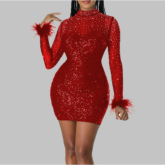 TMOYZQ Women's Sparkly Sequin Dress, Mock Neck Mesh Long Sleeve Rhinestone Bodycon Party Mini Dress Slim Fit Club Night Out Cocktails Party Dresses