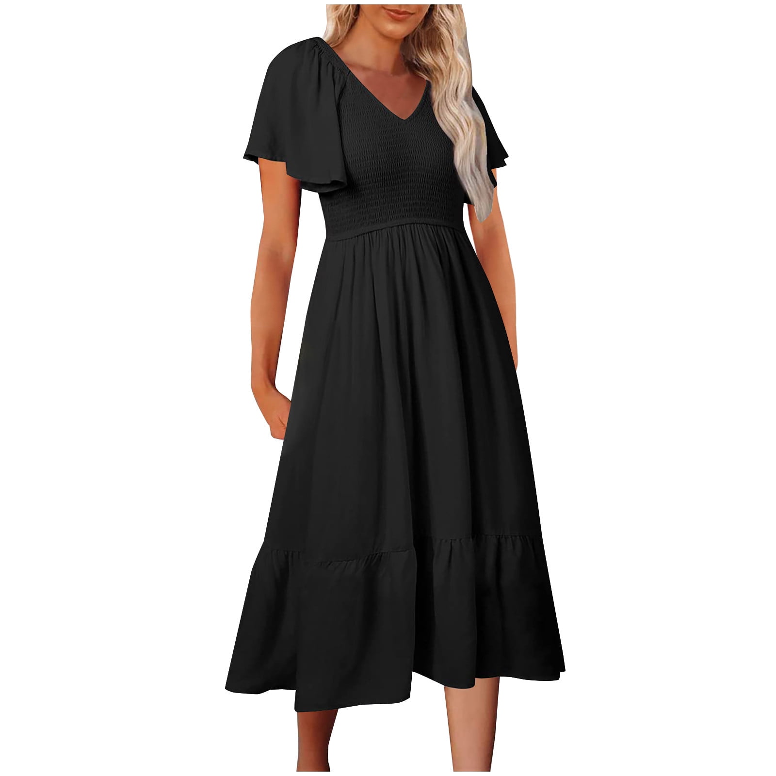 Women's Summer Midi Dress – V-Neck, Tiered, Smocked Waist | Boho Flowy A-Line | Short Sleeve