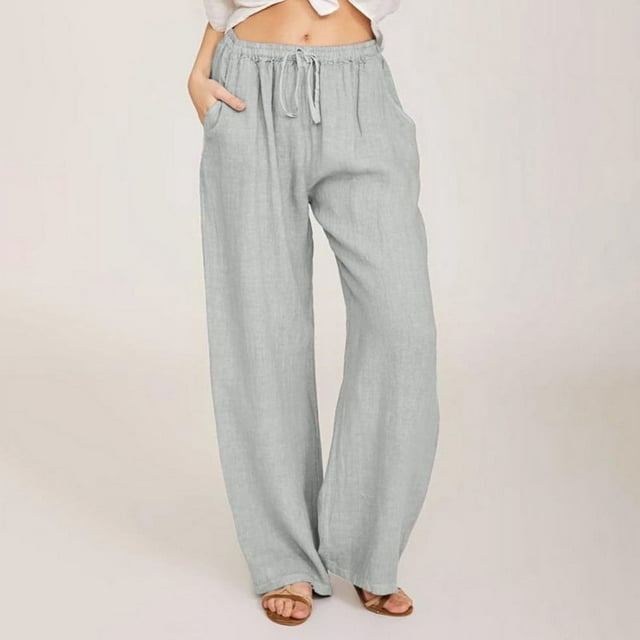 TMOYZQ Women's Summer Cotton and Linen Wide Leg Pants with Pockets Casual Elastic Waist Drawstring Lounge Pants Loose Work Long Trousers S-3XL
