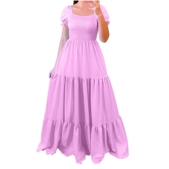 TMOYZQ Women's Summer Dresses 2025 Tropical Print Off Shoulder Belted Dress Short Sleeve Ruffle Trim Split Beach Holiday Maxi Dresses