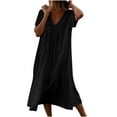 thumbnail image 1 of TMOYZQ Women's Summer Linen Tiered Dress Solid Color Short Sleeve V Neck Ruffle Loose Maxi Dress Casual Cotton Flowy Midi Dress Party Beach Sundress, 1 of 6