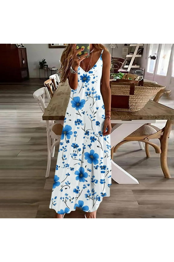 Women's Summer Maxi Dress Casual V-Neck Sleeveless Bohemian Art Print Spaghetti Strap Floral Long Maxi Dress