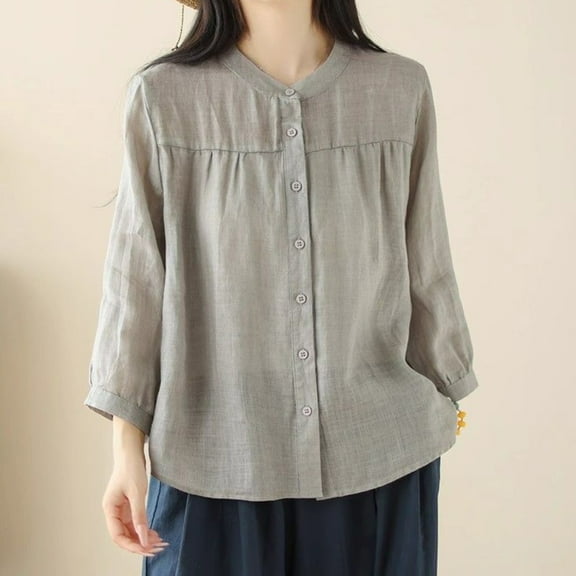 TMOYZQ Women's Tops Summer Cotton Linen 3/4 Sleeves Button Down Tunic Tops Loose Lightweight Swing Blouse