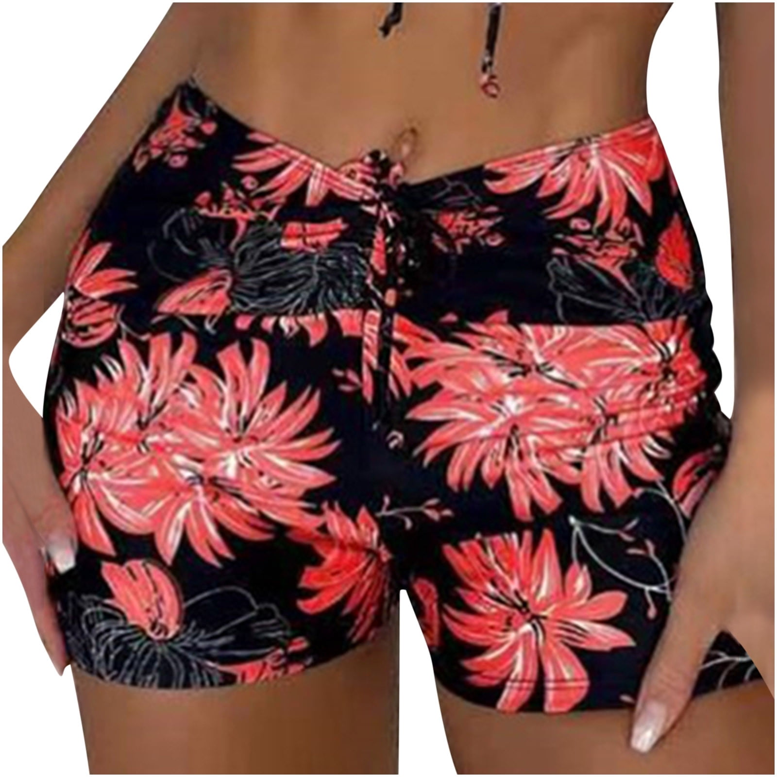 TMOYZQ Women's Tropical Print High Waisted Swim Shorts Quick Dry Beach ...