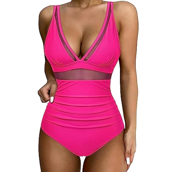 TMOYZQ Women's Tummy Control Swimsuits Mesh One Piece Push Up High Waisted Bathing Suits Slimming V Neck Swimwear on Clearance