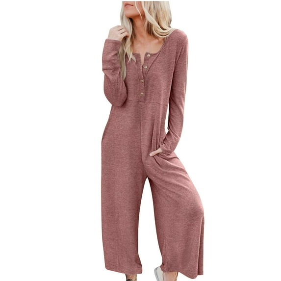 TMOYZQ Women's Waffle Knit Long Sleeve Buttons Onesie Pajama Jumpsuits Comfy Casual Loose Overalls One Piece Wide Leg Long Pants Rompers Loungewear with Pockets