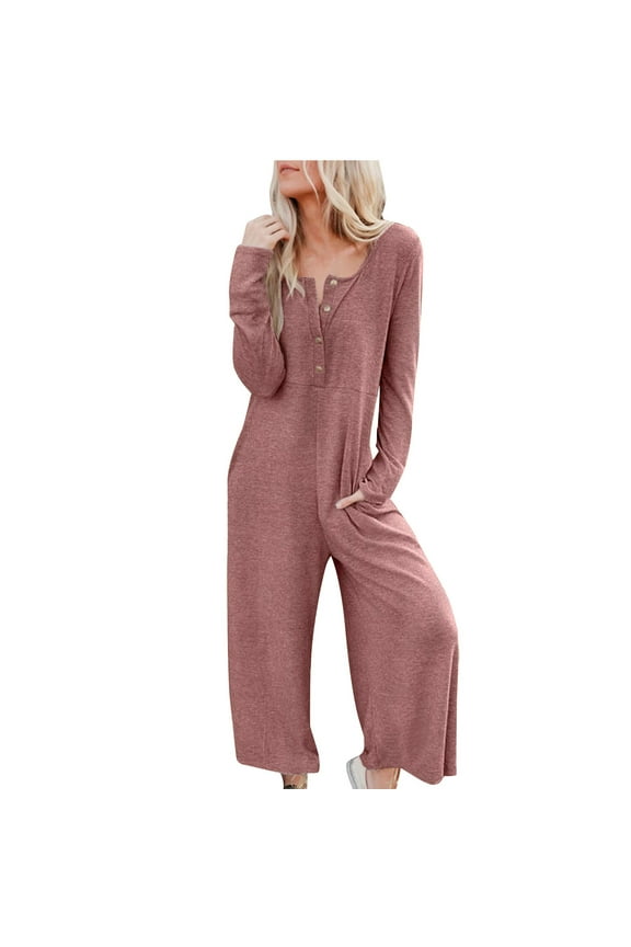 Women's Waffle Knit Long Sleeve Buttons Onesie Pajama Jumpsuits Comfy Casual Loose Overalls One Piece Wide Leg Long Pants Rompers Loungewear with Pockets