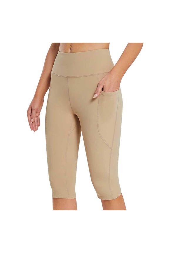 Women's Yoga Workout Knee Length Leggings Solid Color Slim Fitness Athletic Sports Active Pants Soft Stretch Biker Shorts High Waisted Tummy Control Capris Activewear with Pockets
