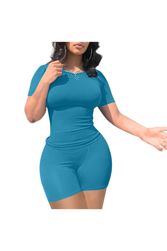 Womens 2 Piece Lounge Sets Summer Workout Short Matching Sets Clothing Going Out Two Piece Outfits Short Sleeve Crew Neck Top Mid Waist Elastic Leggings Gym Clothes