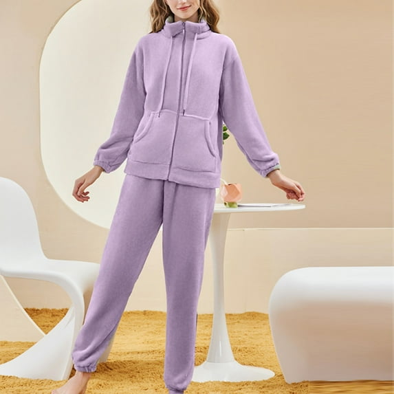 TMOYZQ Womens 2 Piece Outfits Fleece Sweatsuits Tracksuits Lounge Zipped Up Warm Thick Winter loungewear Sets with Pockets on Clearance