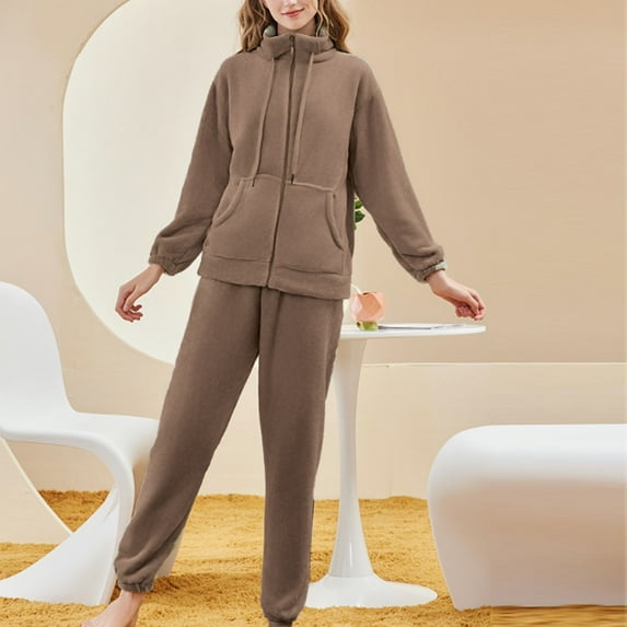 TMOYZQ Womens 2 Piece Outfits Fleece Sweatsuits Tracksuits Lounge Zipped Up Warm Thick Winter loungewear Sets with Pockets on Clearance