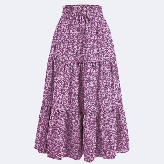 TMOYZQ Womens Boho Floral Maxi Skirt 2025 Summer Trendy Elastic Waist Pleated Aline Flowy Beach Vacation Long Skirts