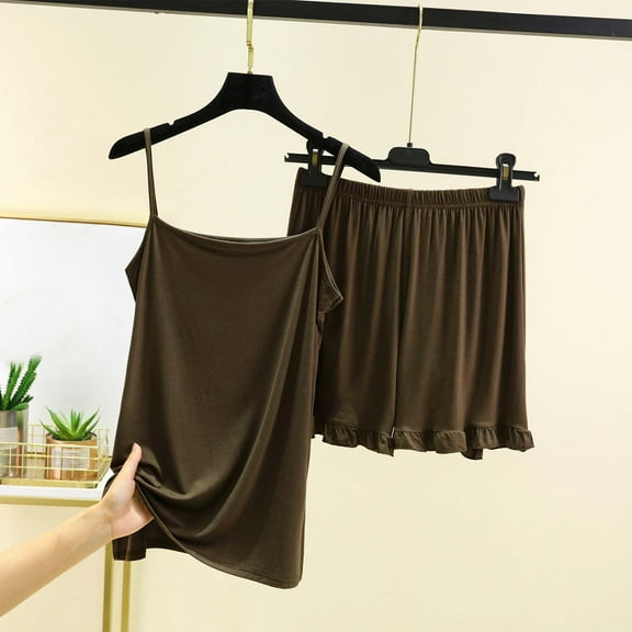 TMOYZQ Womens Cami Pajama Set Soft Modal Sleepwear Ruffle Trim 2 Piece Cami Shorts Loungewear