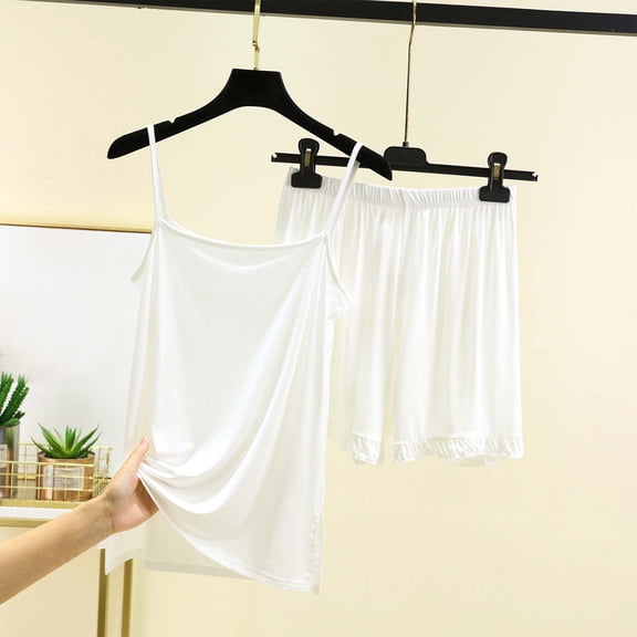 TMOYZQ Womens Cami Pajama Set Soft Modal Sleepwear Ruffle Trim 2 Piece Cami Shorts Loungewear