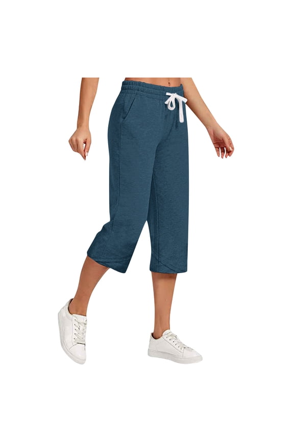 Womens Capri Pants Causal Wide Leg Loose Comfy Drawstring Joggers Lightweight Soft Athletic Workout Yoga Sweatpants Baggy Cropped Pants with Pockets