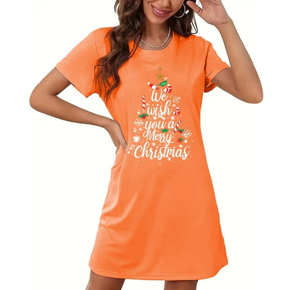 TMOYZQ Womens Christmas Nightgowns Short Sleeve Crew Neck Cute Print T Shirt Dresses Casual Loose Fit Lounge Christmas Party T Shirt Dress Nightgowns