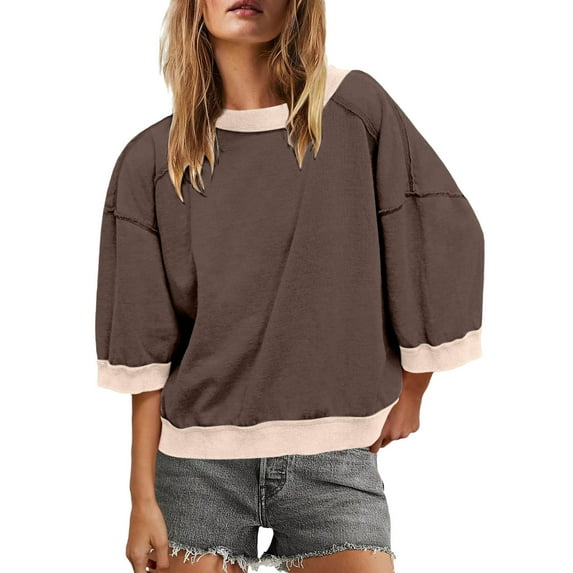Cxenplz Womens Crewneck Short Sleeve Sweatshirt 3/4 Sleeve Tops Color Block Oversized Sweatshirt Shirts