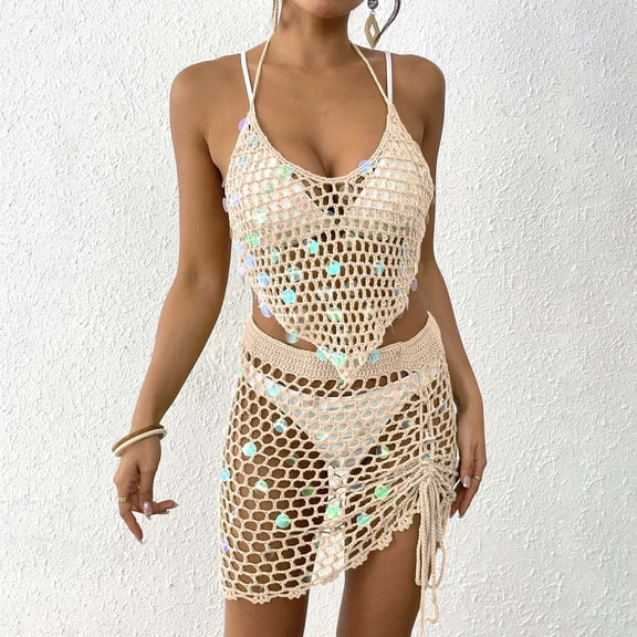 TMOYZQ Womens Crochet Swimsuit Cover Up 2025 Hollow Out Swim Beach Cover Ups Drawstring 2 Piece Fashion Bathing Suit Coverup