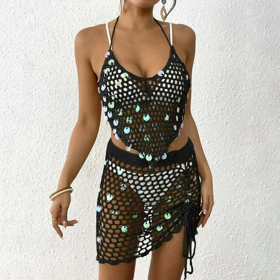 TMOYZQ Womens Crochet Swimsuit Cover Up 2025 Hollow Out Swim Beach Cover Ups Drawstring 2 Piece Fashion Bathing Suit Coverup