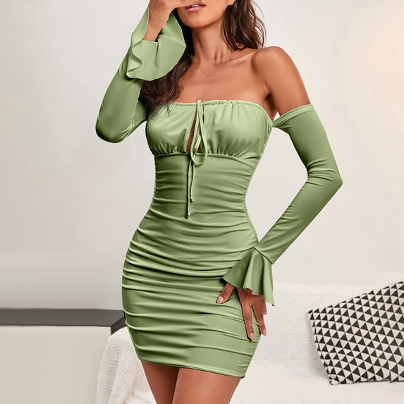 TMOYZQ Womens Dress Off Shoulder Bodycon Mini Dress Long Sleeve Cut Out Tie Front Ruched Party Club Short Cocktails Dresses