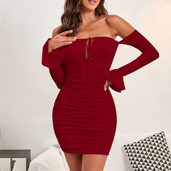 TMOYZQ Womens Dress Off Shoulder Bodycon Mini Dress Long Sleeve Cut Out Tie Front Ruched Party Club Short Cocktails Dresses