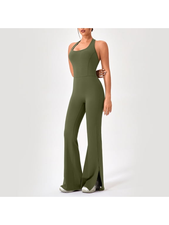 Womens Flare Leg Jumpsuits Tummy Control Backless Unitard One Piece Workout Outfit Scoop Neck Sleeveless Yoga Bodysuit