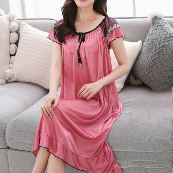 TMOYZQ Womens Ice Silk Nightgown Casual Embroidery Lace Sleepwear Short Sleeve Ruffle Hem Flowy Nightdress Tie Front Knee Length Tshirt Dress on Clearance