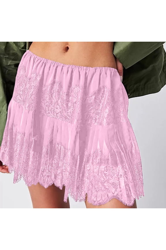 Womens Lace Mini Skirt Low Rise Pleated Ruffle Half Slip Skirt Layered Flowy Short Skirt Streetwear