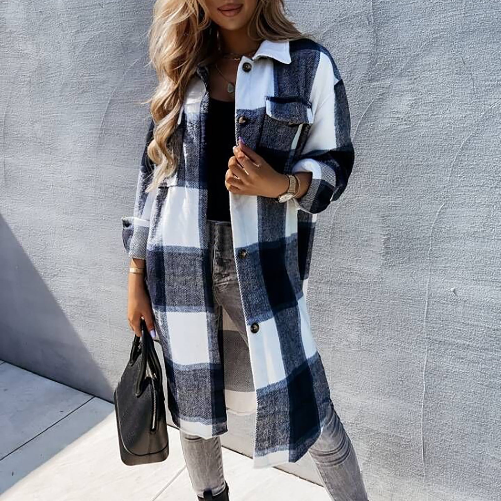 TMOYZQ Womens Long Flannel Plaid Shacket Jacket Casual Lapel