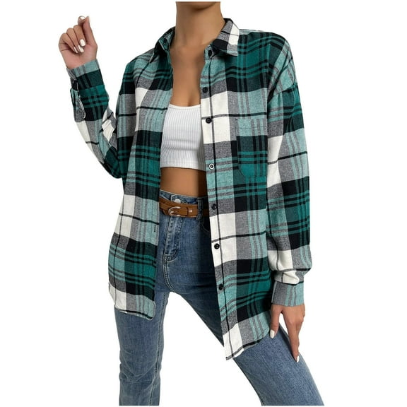 TMOYZQ Womens Long Sleeve Flannel Shirts Plaid Flannels Lapel Button Down Shacket Jacket Casual Boyfriend Blouse Tops Fall Clothes Outfits 2024 with Pocket