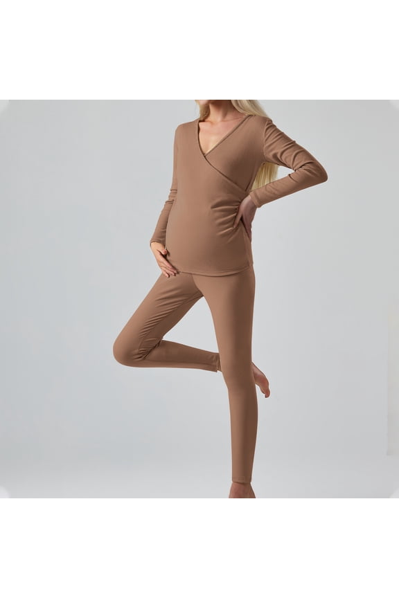 Womens Maternity Pajamas Sets 2 Piece Outfits Long Sleeve Wrap Tops and Legging Pants Pregnancy Loungewear Winter Spring Thermal Underwear Sets