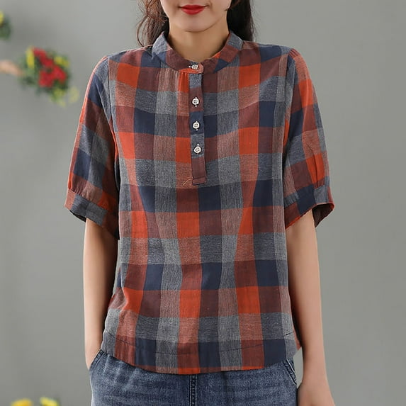 TMOYZQ Womens Plaid Shirts Dressy Short Sleeve Tops Casual Business Work Blouses Tops