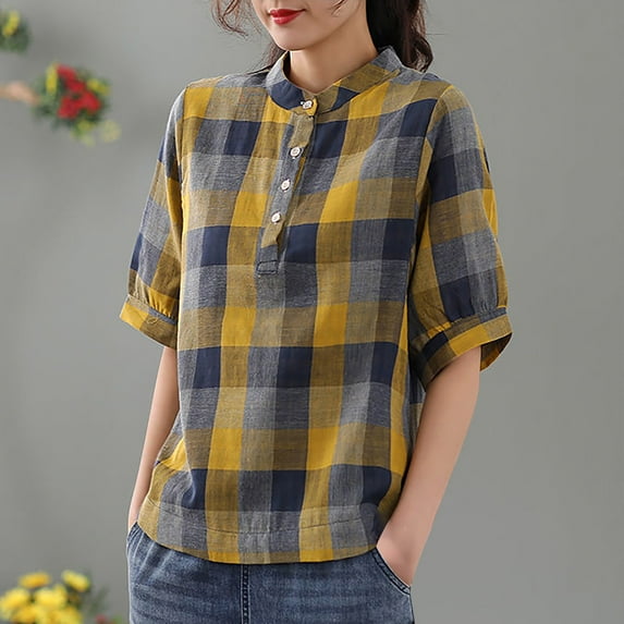 TMOYZQ Womens Plaid Shirts Dressy Short Sleeve Tops Casual Business Work Blouses Tops