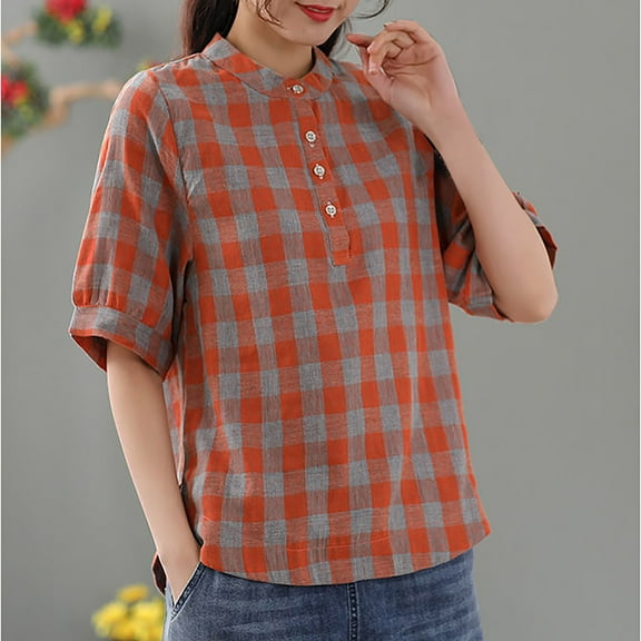 TMOYZQ Womens Plaid Shirts Dressy Short Sleeve Tops Casual Business Work Blouses Tops